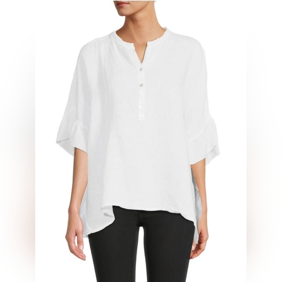 Saks Fifth Avenue 100% Linen Ruffle Boxy Oversized  White Blouse Size Xl - Picture 1 of 9